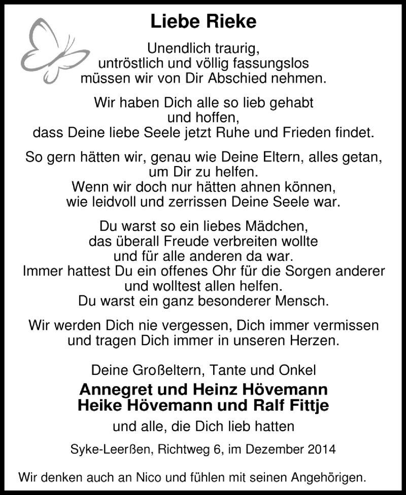  Traueranzeige für Rieke Hövemann vom 19.12.2014 aus Kreiszeitung
